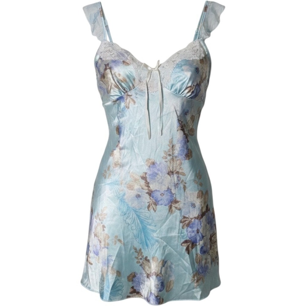 Small Blue Satin Floral Chemise Lace Trim Ruffle Slip Babydoll Top Y2K Fairy NWT